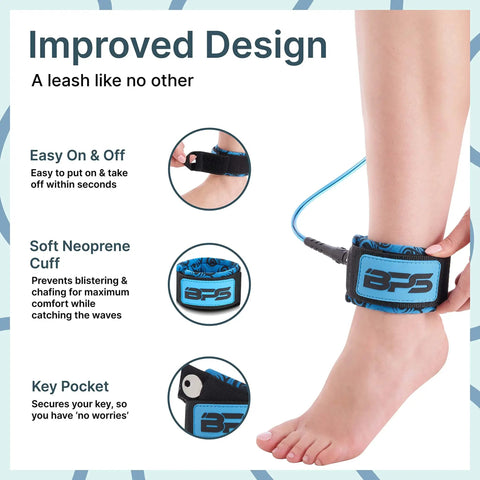 Storm 8mm Surfboard Leash 8 Ft Premium Leg Rope showing easy on and off design and soft neoprene cuff on foot