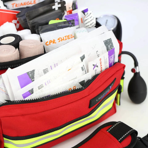 Mid Sized First Responder EMT Bag Fully Stocked With Over 240 First Aid EMS And Trauma Supplies Red Lightning X LXMB25