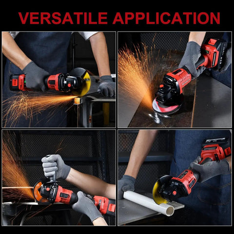 Cordless 4.5 Inch Angle Grinder Kit With 21V Brushless Motor 3 Speed Settings 2x 4.0Ah Batteries And Charger Heavy Duty Cut Off Tool for cutting metal, grinding surface, and cutting a PVC pipe, showcasing versatile use.