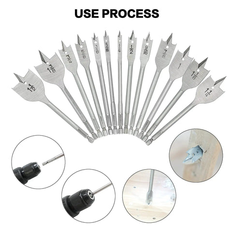 13 Piece Spade Drill Bit Set For Woodworking, Paddle Bits With Quick Change Shank, Carbon Steel Heat Treated For Durability