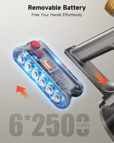 Close-up of AIPOWAY cordless vacuum cleaner removable battery pack with six circular cells