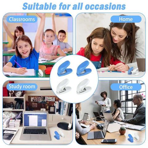 4 Pack Handy Mini Hole Punch Set 6mm Single Hole Punchers shown in classrooms, home, study room, and office settings.