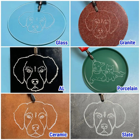 Image showing engraved ornaments with dog faces on various materials: glass, granite, aluminum, porcelain, ceramic, slate.