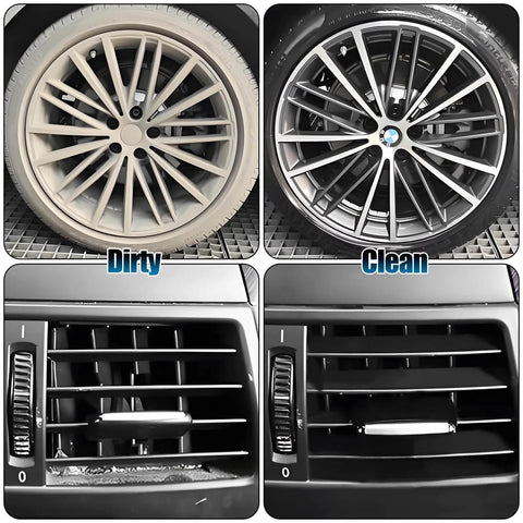 All In One Pro Grade Wheel And Tire Detailing Kit With Eight Brushes Including Four Wheel Cleaning Tools And Three Boar Hair Detail Brushes Plus A Hard Tire Scrubber Flexible Rim Cleaning Set For Cars Motorcycles And Trucks, shown before and after cleaning