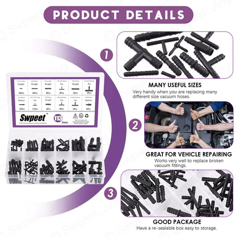 All In One 113 Piece Barbed Vacuum Connector Kit With Tee Connectors Reducers And Straight Hose Fittings For Replacing Vacuum Hoses In Cars Trucks Boats And Home Appliances Swpeet product details