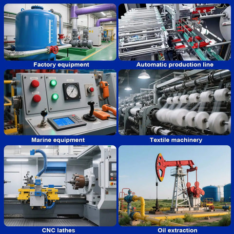 Collage of various factory and industrial equipment, including CNC lathes, textile machinery, and oil extraction machines.