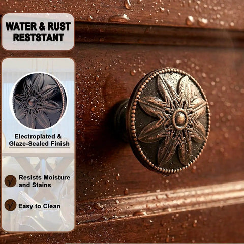 Oil Rubbed Bronze Round Cabinet Knobs 12 Pack 1.4 Inch Diameter Zinc Alloy Hardware installed on a wooden drawer.