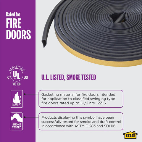 Close-up of Highly Durable Silicone Rubber Gasket Seal For Doors And Windows Flexible In Extreme Temperatures Indoor And Outdoor Use No Hardware Needed 20 Ft Black Weather Stripping By M D Building Products, showing UL listed and smoke tested features for fire doors, coiled roll.