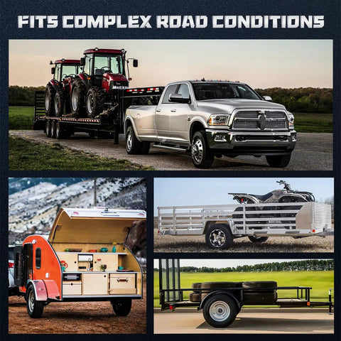 Collage of trailers and towing gear: pickup with trailer, tractors, teardrop camper, utility trailer, equipment trailer.