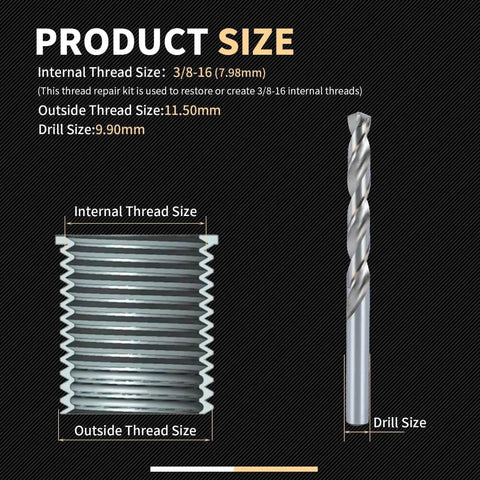 Beefy Heavy Duty Three Eighths By Sixteen SAE Thread Repair Kit with drill and thread size diagram