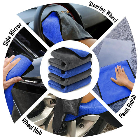Ultra Thick 800GSM Microfiber Towels For Cars Pack Of 4 16 X 16 Inches Blue Gray shown in use on car steering wheel, side mirror, and paint finish.