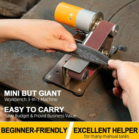 Person using 3 In 1 Mini Belt Sander With Knife Sharpener And Electric Bench Grinder For Metal And Wood DIY Handcraft Beast Mode Power Seven Speed Adjustable Polisher Includes Sanding Belts