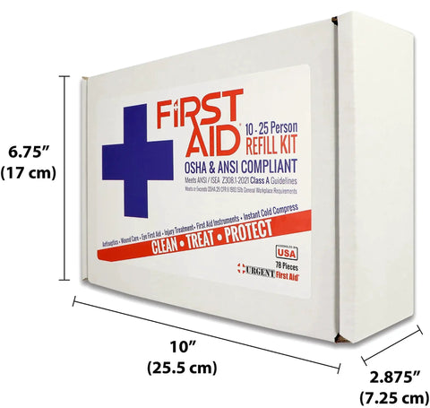 Refill And Upgrade 25 Person First Aid Kit, 78 Pieces, ANSI Z308.1-2021 Class A, OSHA Compliant, box with dimensions and label