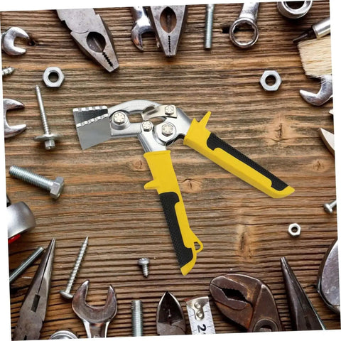 Heavy Duty Hand Seamer Tool For Metal Plate Folding And Seam Bending Ergonomic Over Molded Non Slip Handle Pro Grade All Steel Construction For Ductwork And Metal Fabrication Easy To Flatten And Shape Metal Projects on a wooden workbench with scattered tools