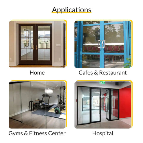 Aluminum Pull Handle 10 Inch Length in various settings: home, cafe, gym, and hospital, showcasing versatility in use.