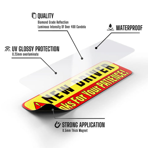 Close-up of Extra Large Driver Sign For Car 3 Pack Magnetic Bumper Stickers, showing its waterproof and UV glossy features.