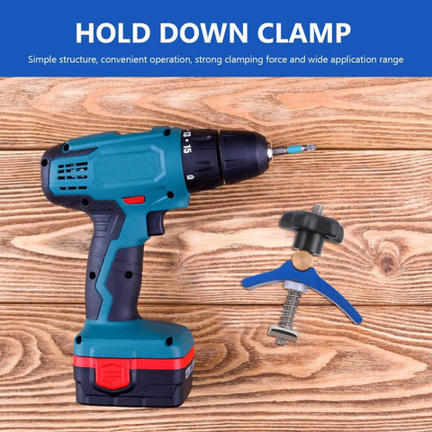 Pro Grade Woodworking T Slot Clamp With Hold Down Function Blue T Track Clip For Carpenter Workholding Tools displayed with a drill