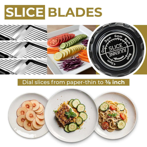 All In One Adjustable Mandoline Slicer With Built In Blades For Kitchen Prep Potato Cutter Veggie Chopper Cucumber Slicer And Julienne Options Includes Cut Resistant Gloves No Fuss Waffle Fry Cutter For Effortless Consistent Slicing showing slice blades and dial for thickness adjustment, various sliced vegetables