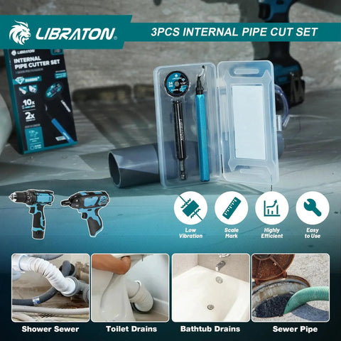 Internal PVC Pipe Cutter Kit With Diamond Grit Cutting Wheel And Deburring Tool for impact drivers and drills, shown with packaging.