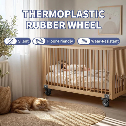Thermoplastic rubber wheel on crib, emphasizing silent, floor-friendly, wear-resistant qualities; Side Mount Plate Caster Wheels Set Of 4 With Brakes, Heavy Duty 800 Lbs Capacity, 360 Degree Swivel, Locking Wheels For Easy Mobility, Thickened L-Shaped Mounting For Stable Attachments, Ideal For Furniture Carts Cabinets And Tables, Black 2 Inch.