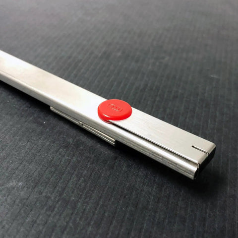 Side view of Auto Lock Stainless Steel Utility Knife with 9mm Blade Built in Snapper Pocket Clip Ambidextrous Tool