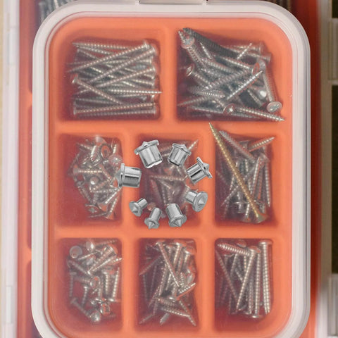 Container with assorted metal screws and Eight Piece Pro Grade Metal Doweling Center Pins And Dowel Locator Plugs for woodworking.