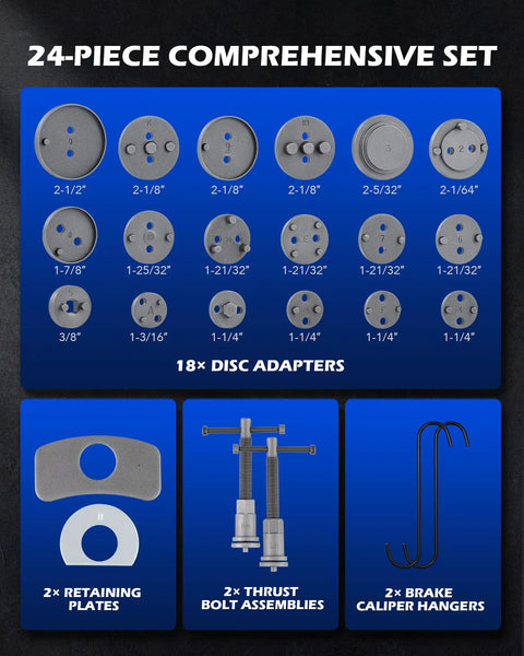 24 Piece Brake Caliper Compression Tool Set For Universal Disc Brakes With Heavy Duty Piston Wind Back Kit And Caliper Hangers In Blue Case Orion Motor Tech showing 18 disc adapters and parts layout.