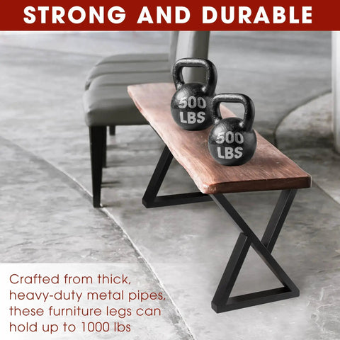 Beefy 16 Inch Heavy-Duty Metal Table Legs Set Of 2 Black With Double Triangle Z Shape Design supporting 1000 lbs bench