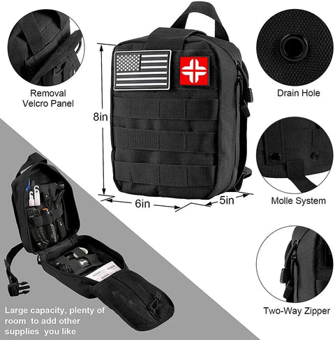 Beast 142 In 1 First Aid Kit With Molle Pouch showing dimensions, internal compartments, MOLLE system, and drainage hole features.