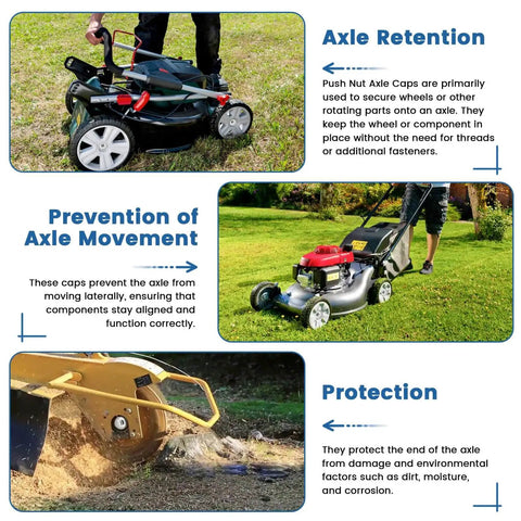 Image showing Heavy Duty Push Nut Cap Set for Five Eighths Inch Axles in use on lawn equipment, enhancing axle retention and protection.