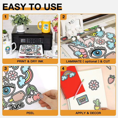 Printable Vinyl For Inkjet And Laser Printers Matte White Waterproof Sticker Paper 8.5 By 11 Inches 40 Sheets Great For DIY Labels Decals Cards And Scrapbooking Projects being printed, peeled, and applied