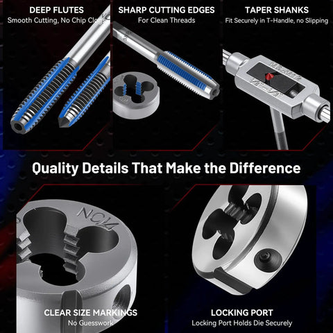 Close-up of tap and die set features including flutes, cutting edges, shanks, size markings, and locking port in the 80 Piece Tap And Die Set With Metric And Standard Threading For Cutting And Repairing Internal And External Threads NC NF NPT Compatible Pro Grade Workshop Essential For Pros And Diyers Built For Precision And Durability.