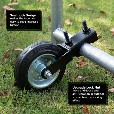 Close-up of a 6 Inch Heavy Duty Metal Gate Caster For 1 5 Eighths To 2 Inch Frame attached to a pipe, black finish