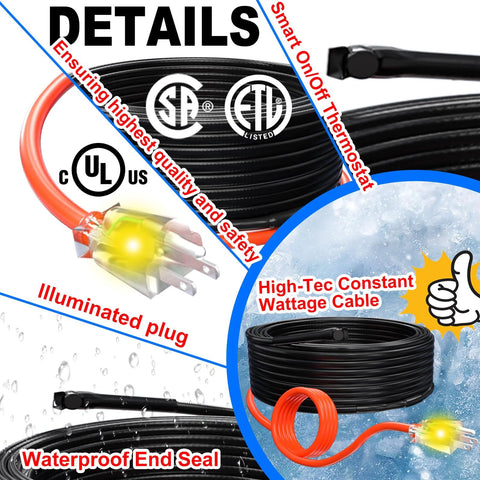 Heat tape heating cable, 6 ft, 7 W/ft, 120V, orange illuminated plug, CSA/ETL approved