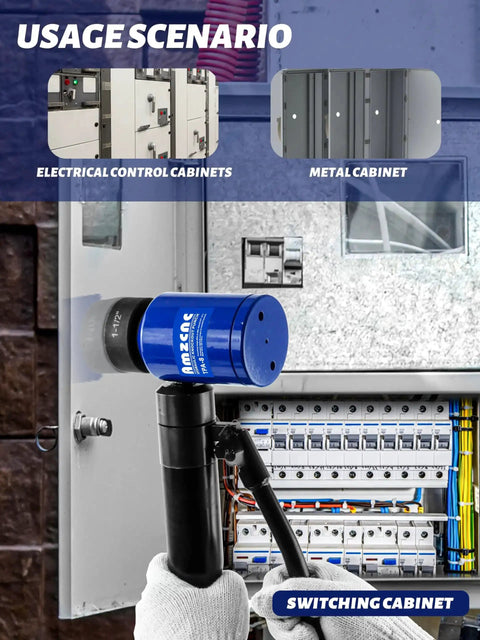 8 Ton Hydraulic Knockout Punch Kit for half to two inch conduit in use on electrical control cabinet, showing 360-degree swivel head