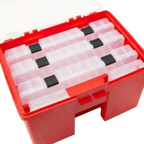 Portable Stow Away Rack Organizer With Cover In Bright Red, Grab-And-Go Tool And Craft Storage Box With Snap Tight Front Cover open