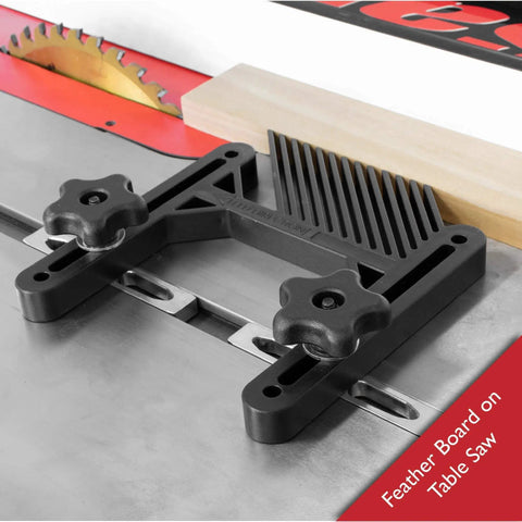 4 Piece Woodworking Safety Kit with Magnetic Push Stick, Feather Board installed on table saw enhancing safety