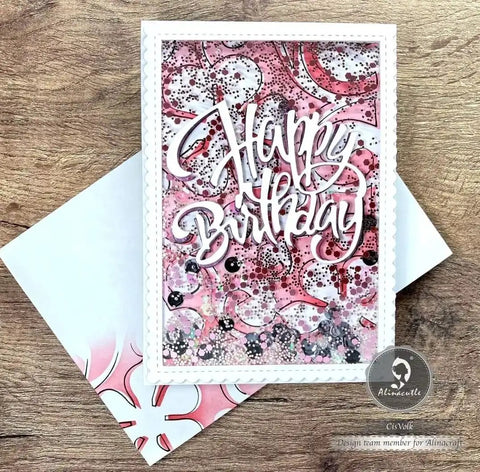 DIY birthday card with pink splatter background using 24 Piece Nesting Frame Die Cut Set With Scalloped Borders for card making