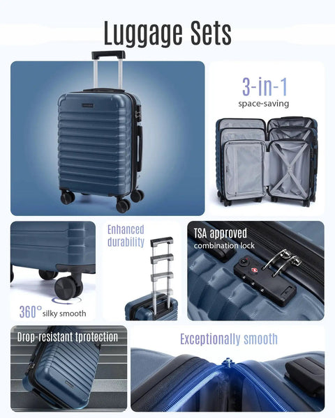 Durable 3 Piece Luggage Set Light Flight With Easy Glide Spinner Wheels And TSA Lock Lightweight Hard Shell ABS Royal Blue