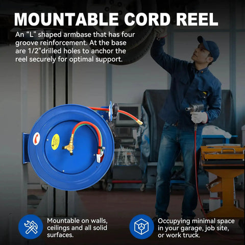 Retractable Welding Hose Reel With One Quarter Inch By One Hundred Foot Twin Oxygen And Acetylene Rubber Hoses Heavy Duty Industrial Standard Duty 200 PSI Single Arm Construction mounted on wall