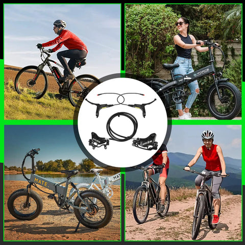 JFOYH 4-piston e-bike hydraulic disc brake kit with power-off sensor; includes dual levers, hoses and calipers.