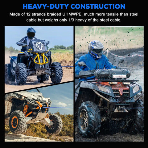 Blue Synthetic Winch Rope Kit 1 Quarter Inch By 50 Foot Off Road Ready With 10000 Lbs Capacity Protective Sleeve Forged Hook Rubber Stopper And Safety Pull Strap For ATV UTV on an ATV in muddy terrain.