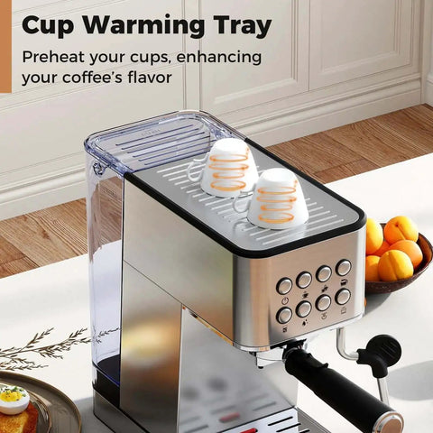 Front view of 20 Bar Espresso Machine With Milk Frother Compact Stainless Steel Coffee Maker 57 Ounce Removable Water Tank