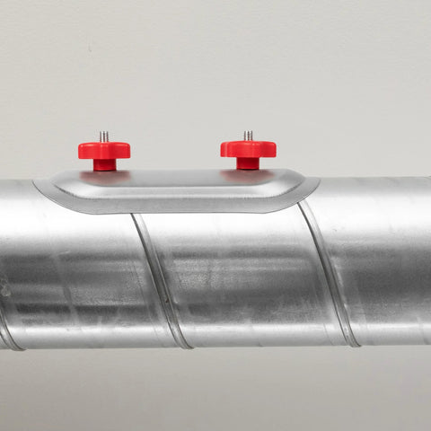 6-inch round duct access door with red knob fasteners on aluminum air duct