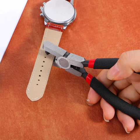 Using 2mm Round Leather Hole Punch Heavy Duty Handheld Metal Punch Tool on leather watch band in home workshop