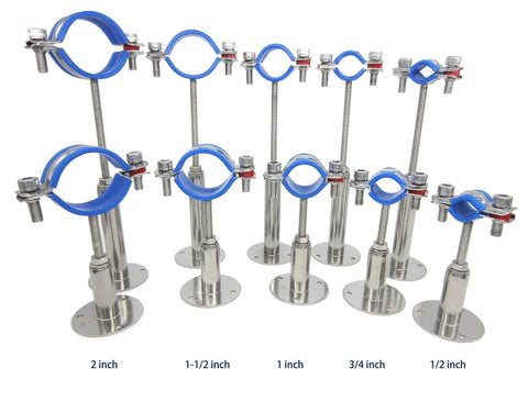 Stainless Steel Adjustable Pipe Clamp Bracket for 1 Inch Pipe Fits 32mm, Wall or Ceiling Mount, shown in various sizes with blue finish.