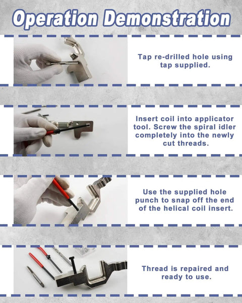 Operation steps using the Pro Grade 263 Piece Helicoil Thread Repair Kit For SAE And Metric Threads with tools shown.