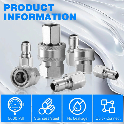 Three Eighths Inch NPT Pressure Washer Adapter Set With 12 Piece Stainless Steel Internal Thread Quick Connectors For 5000 PSI TasuoX Heavy Duty Quick Connect Hose Fittings Kit Featuring Three Eighths NPT Female And Male Connections.