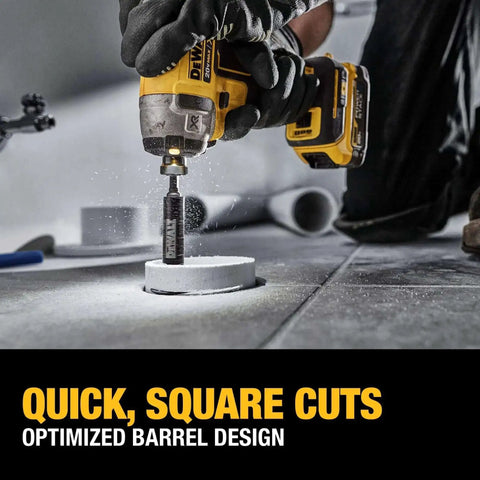 Impact Connect Pipe Cutter for PVC With Diamond Grit Wheel, 10x Longer Life And 2x Faster Cuts, Cuts One And A Quarter Inch PVC Pipe, Versatile DIY And Pro Cutting Tool From Dewalt DWAIPCIR in use on PVC pipe with drill attachment