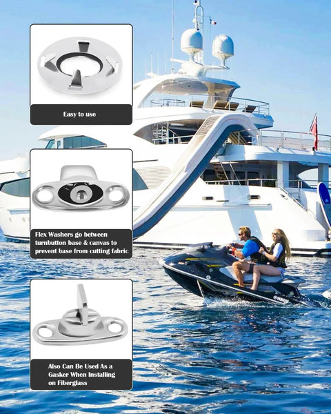 Beefy Twist Lock Common Sense Fasteners For Marine Use By Nerites shown with easy-to-use labels by a yacht and jet ski on water